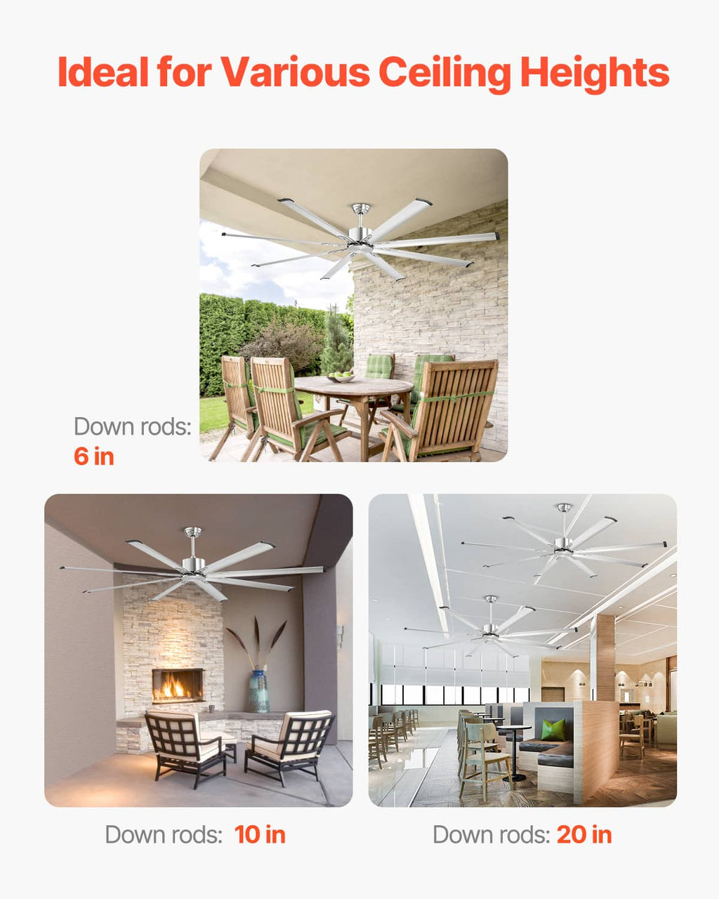 Ceiling fan with adjustable down rods for various ceiling heights; no light kit.