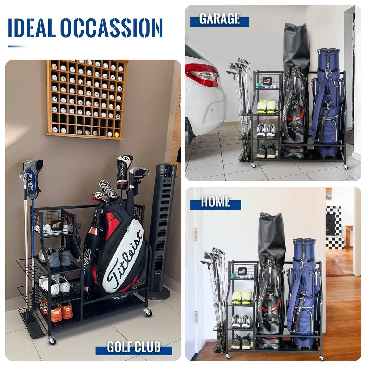 Golf bag storage rack with two golf bags, club holders, and accessory shelves.