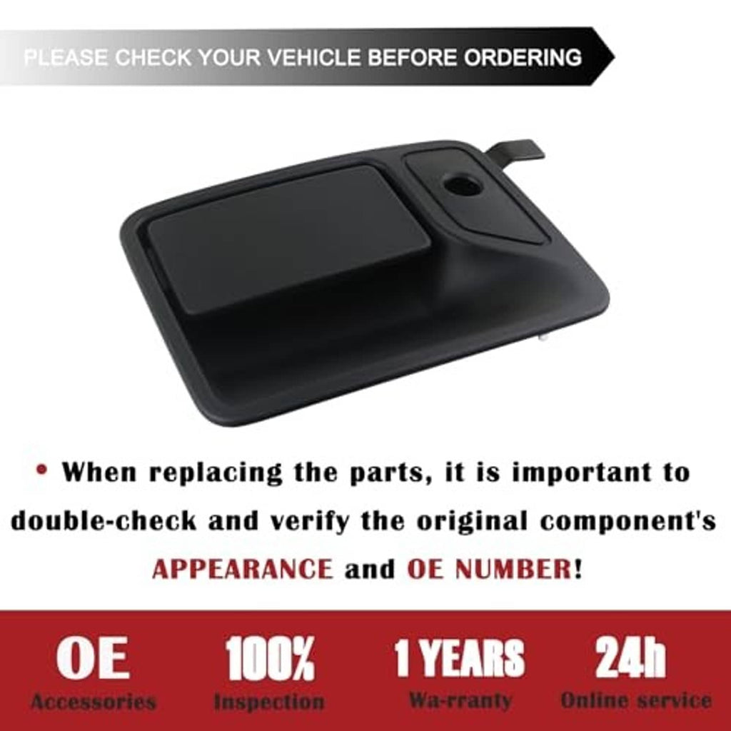 Textured black exterior door handle with smooth outer panel and recessed latch area