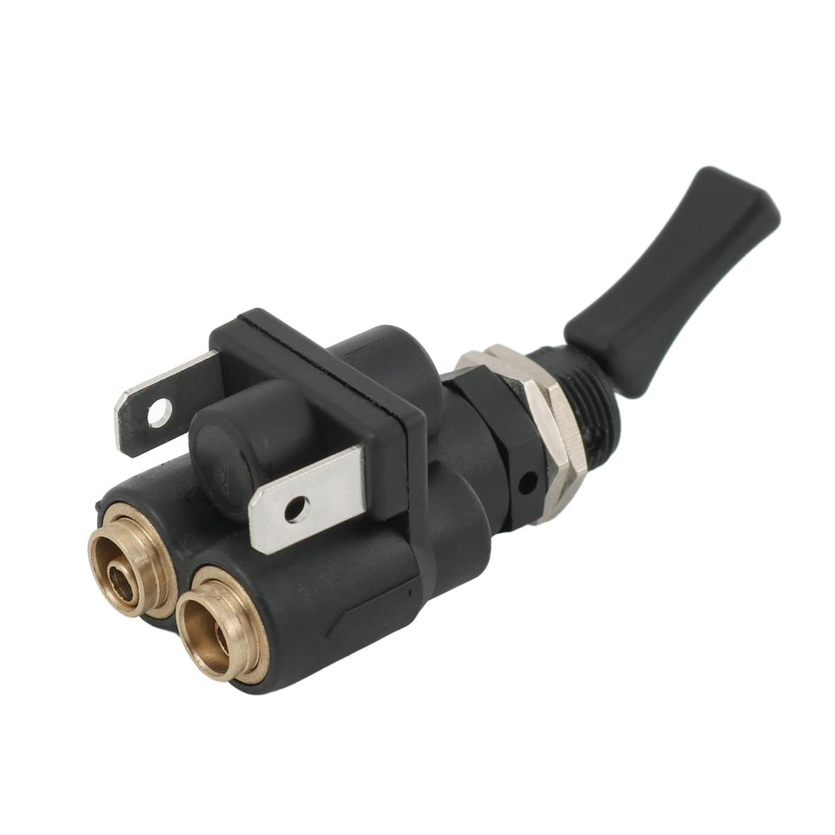 Air electric toggle valve paddle switch with black lever and two brass inlet ports