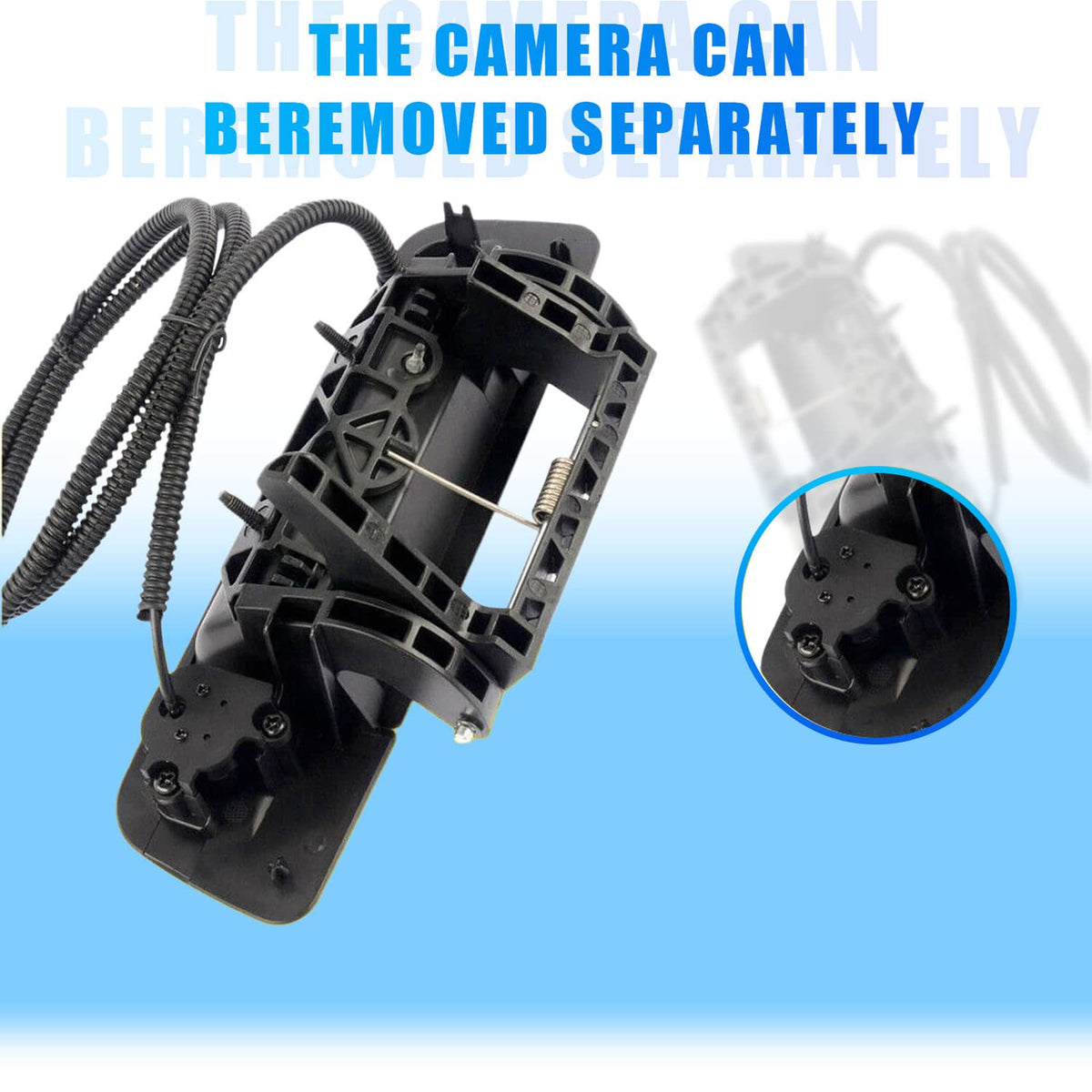 Backup camera tailgate handle with camera housing and exposed mounting points