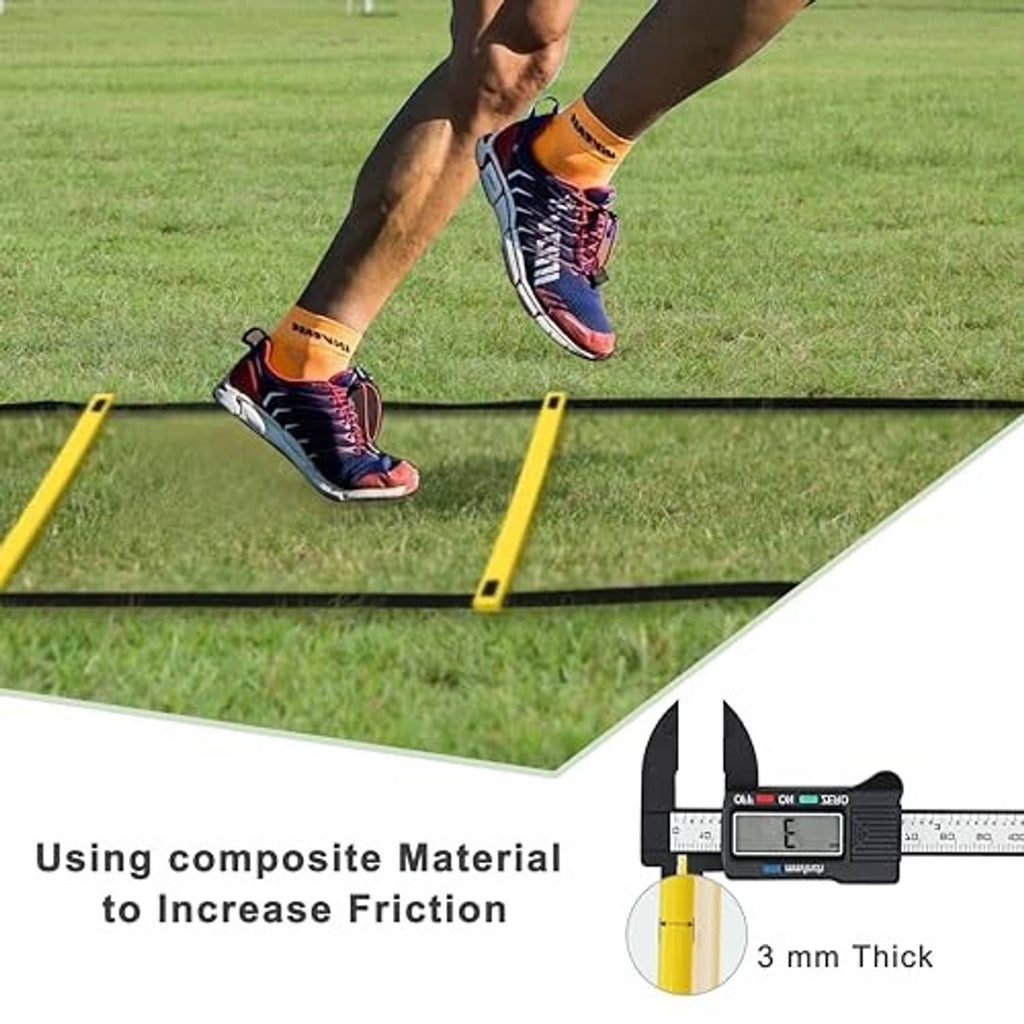 Yellow and black agility ladder on grass with visible rung thickness and end studs
