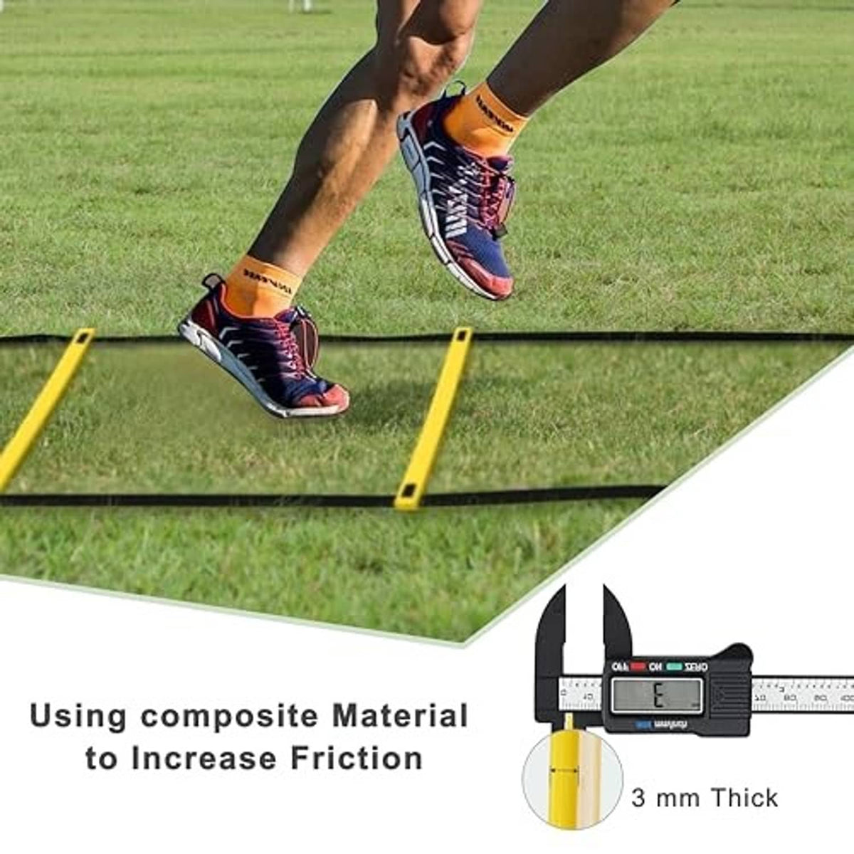 Yellow and black agility ladder on grass with visible rung thickness and end studs
