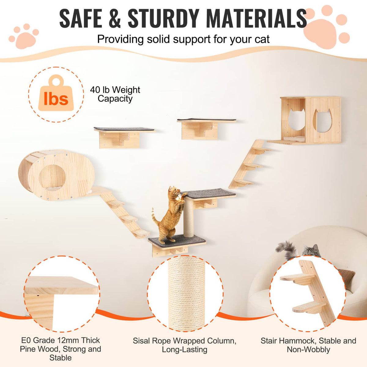 Wall-mounted cat climbing shelf set with sisal-wrapped center post and gray fleece platforms