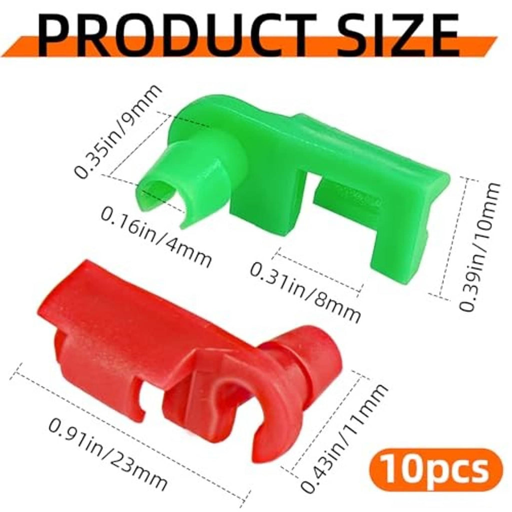 Green and red tailgate latch rod clips with visible size dimensions