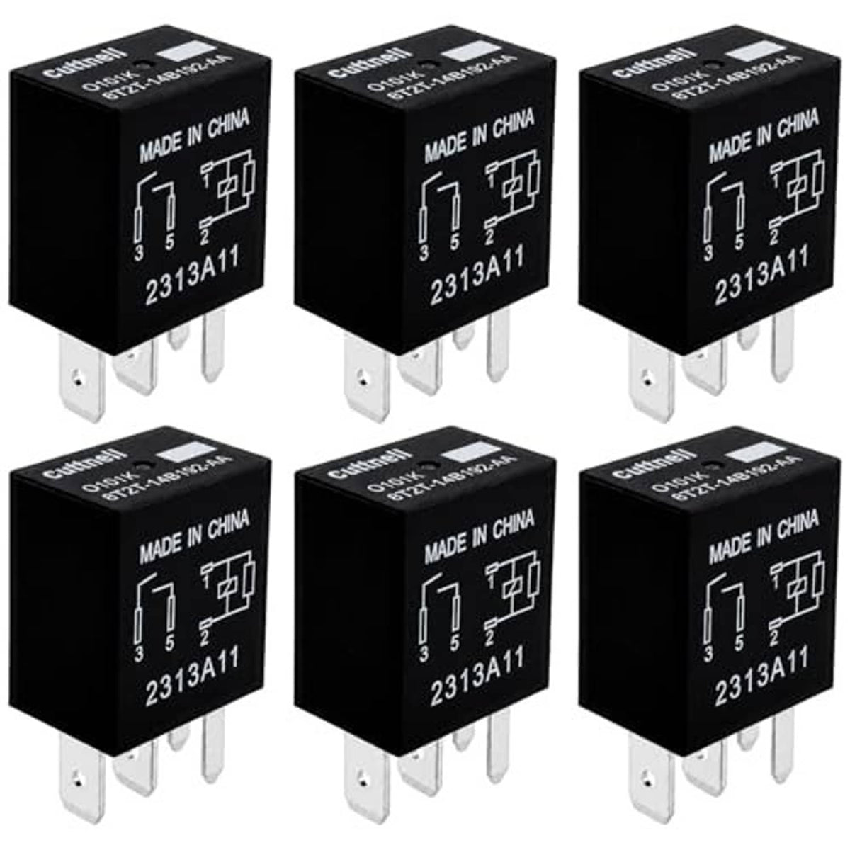 Six-pack of black 4-pin automotive relays with metal prongs and printed 2313A11 markings