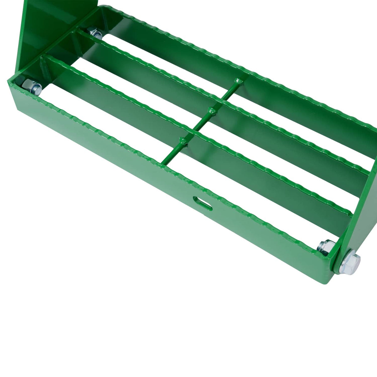 Close-up of underside grated step platform with support frame and mounting bolts