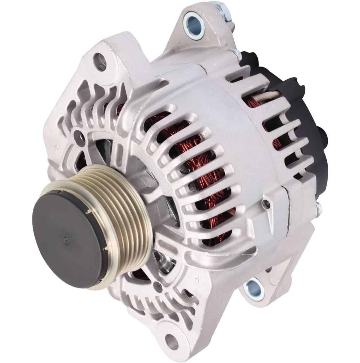 Silver alternator with ribbed pulley and red windings, angled side view
