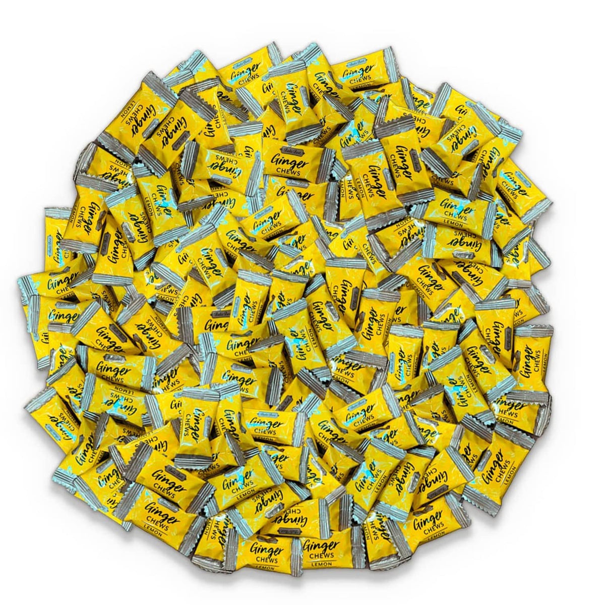 Individually wrapped zesty lemon ginger chew packets in yellow