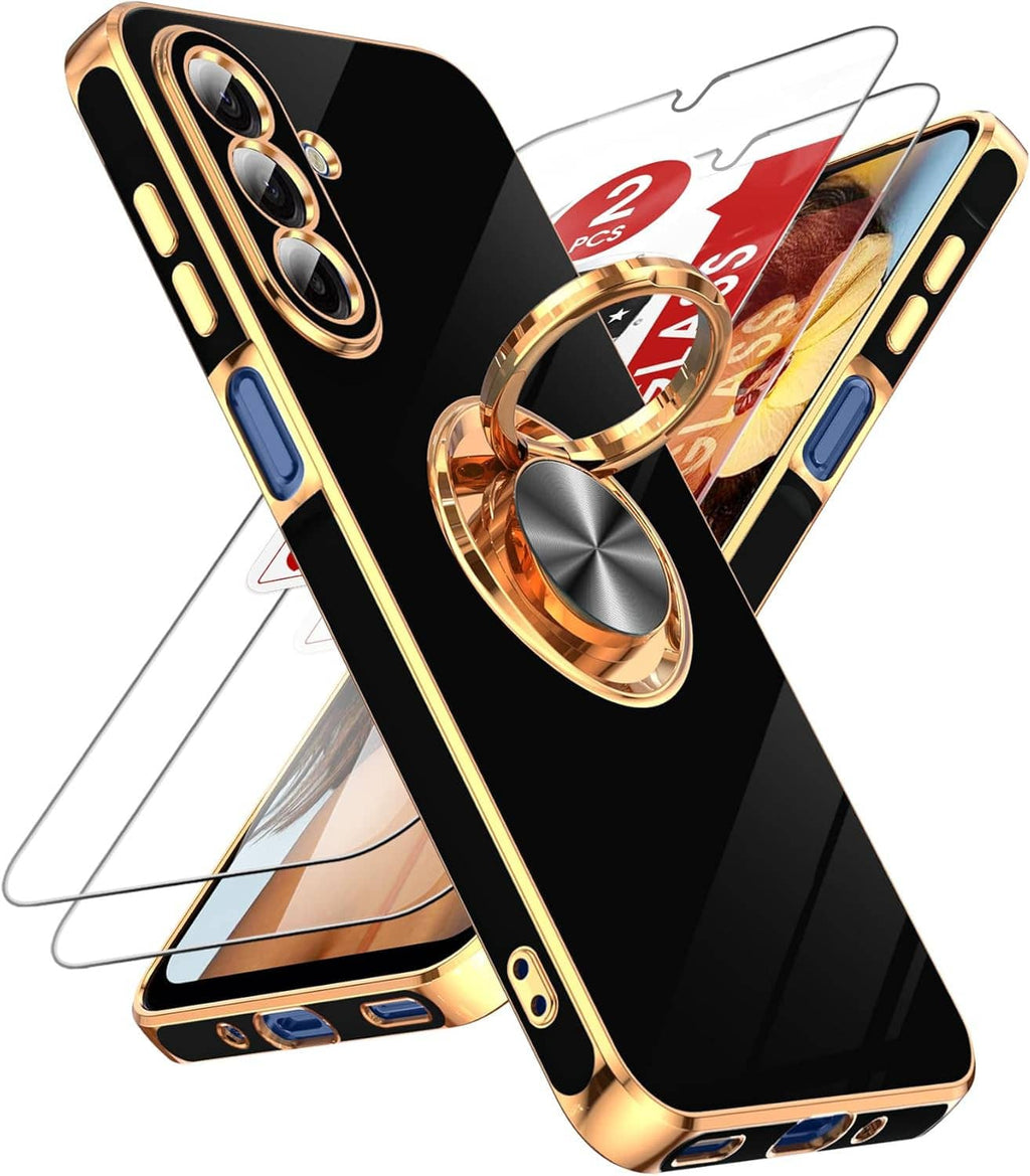 Black phone case with gold-plated frame and ring kickstand for portrait and landscape support