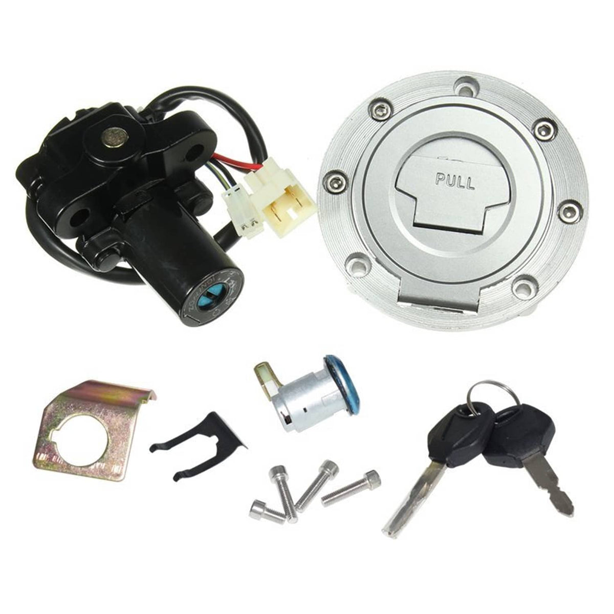 Motorcycle ignition gas cap with key and lock cylinder, mounting screws
