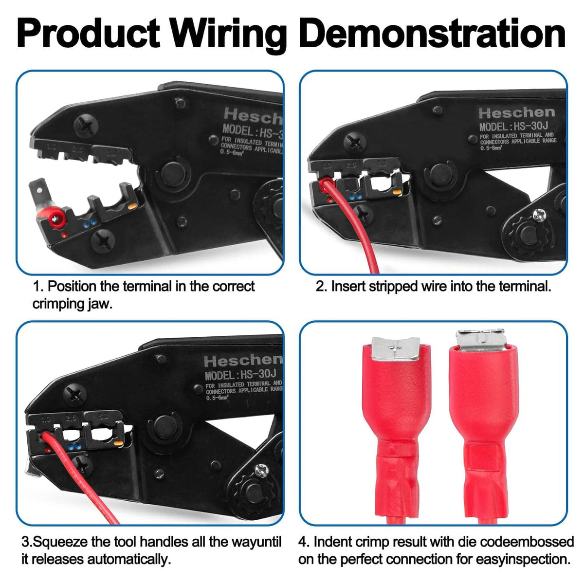 Red insulated spade crimp terminal connector and crimping tool steps (diagram)