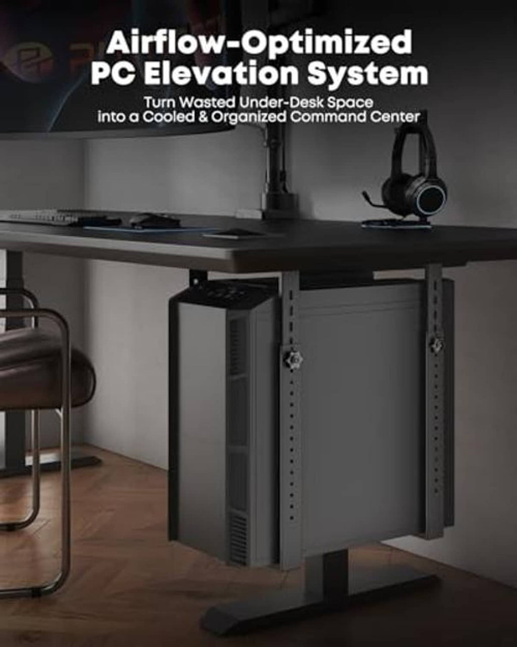 Vented tower PC on a black under-desk mount under a workstation desk