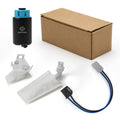 Fuel pump and strainer kit with black module, white strainers, and wiring harness