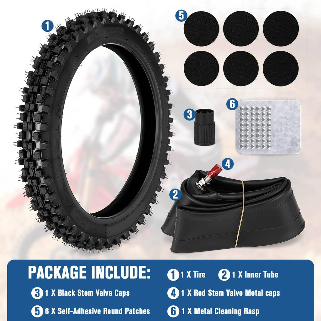 Dirt bike front tire, black inner tube, valve caps, and self-adhesive patches