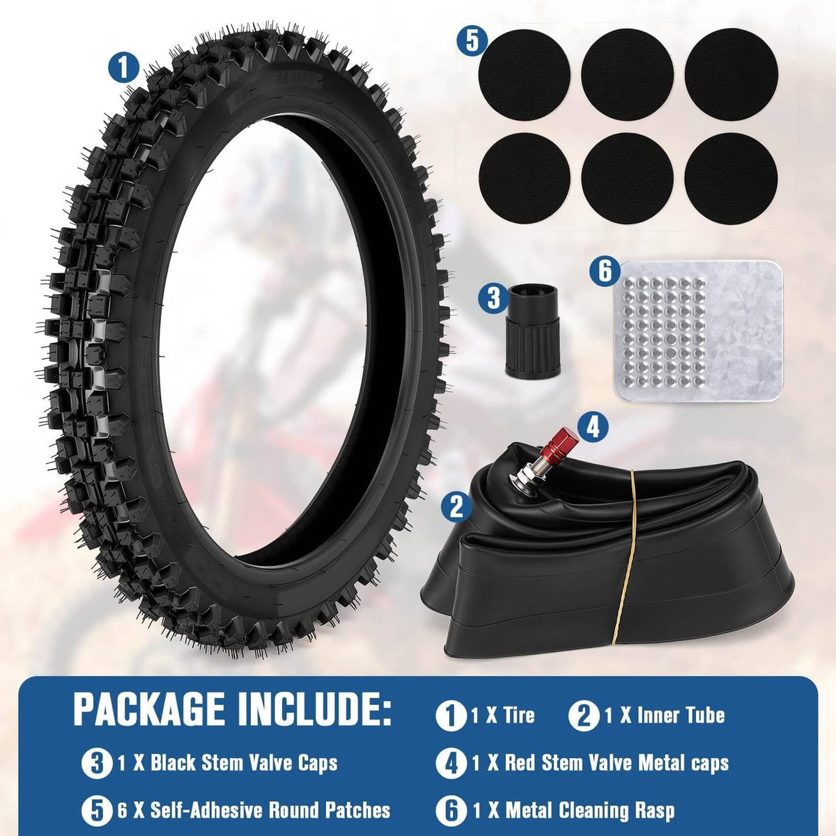 Dirt bike front tire, black inner tube, valve caps, and self-adhesive patches
