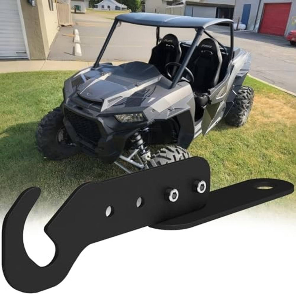 Black UTV door latch extender with curved hook end and bolt holes, two-piece set