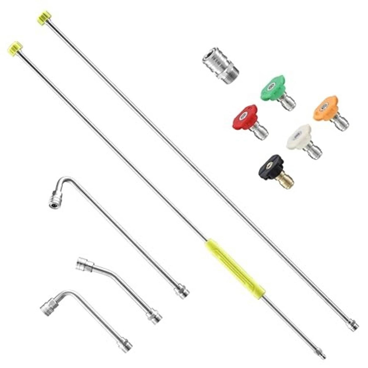 Pressure washer extension wand set with stainless lance, curved wands, and quick-connect plugs