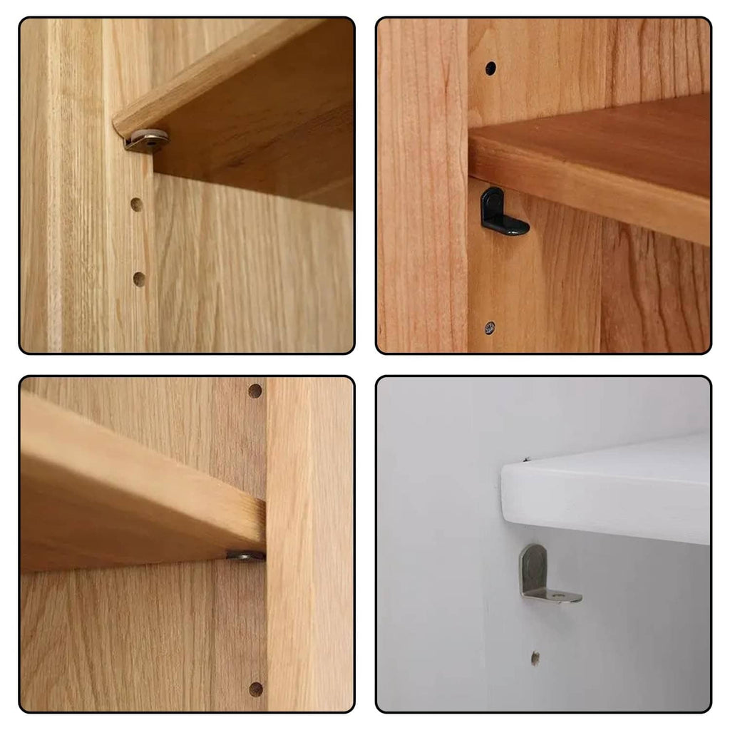 Close-up of silver shelf support pegs mounted on light wood and white panels