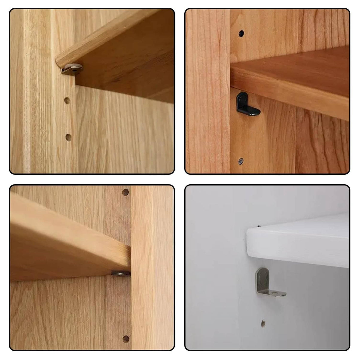 Close-up of silver shelf support pegs mounted on light wood and white panels