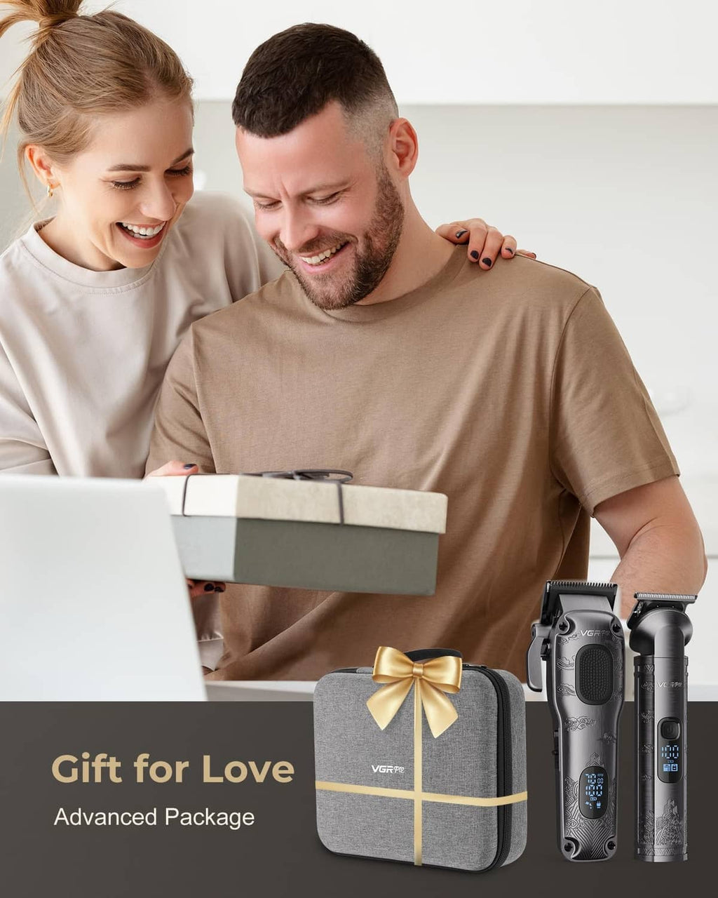 Cordless gray hair clipper with charging base and fabric storage case gift set