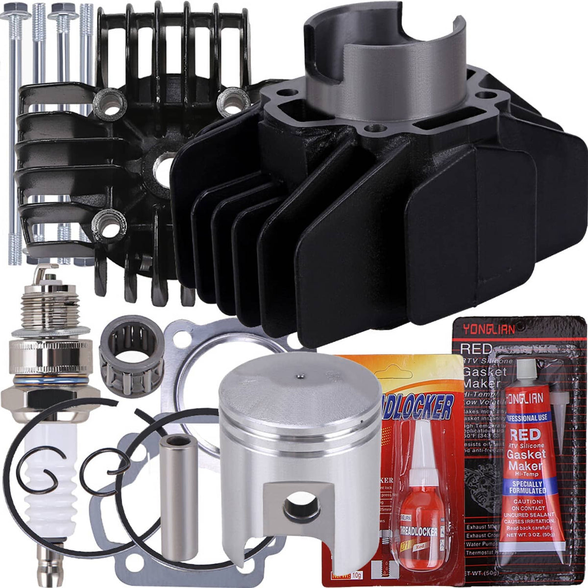 Motorcycle cylinder piston top end kit with black cylinder block, piston, and gasket set