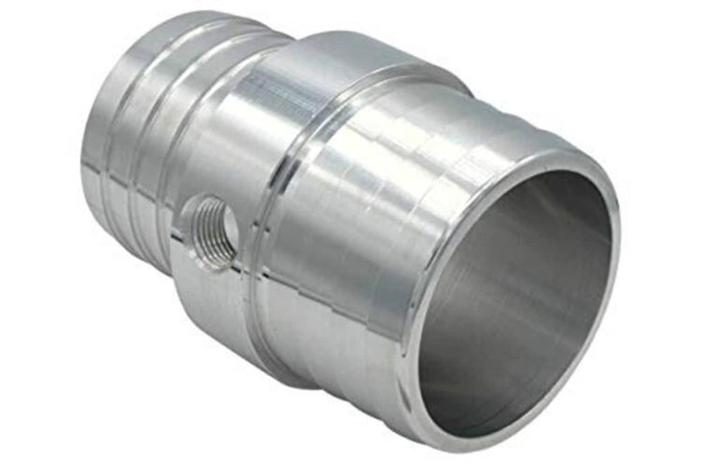 Metal steam tube coupler with 1/8" NPT threaded port and wide flared hose end.