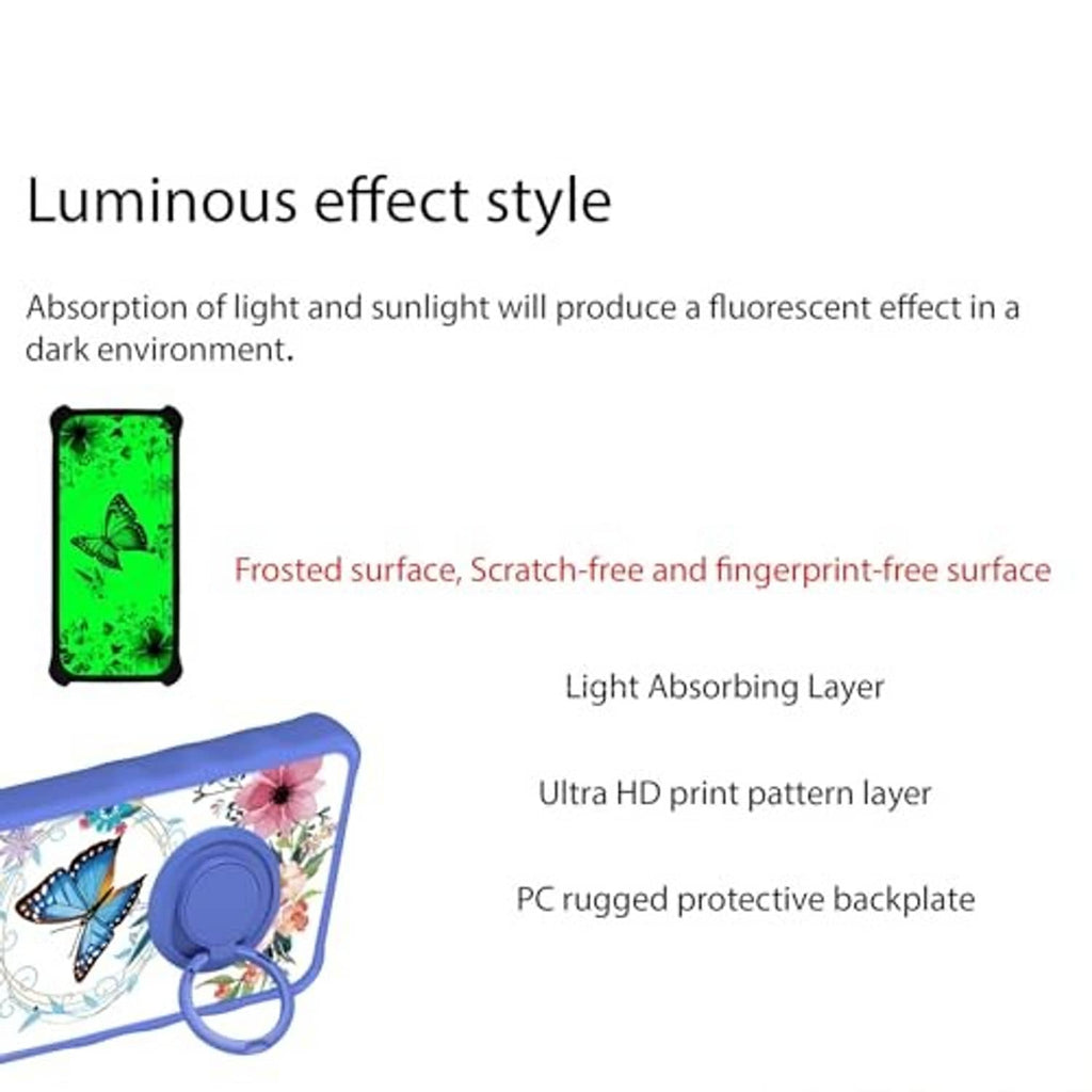 Luminous floral butterfly phone case with green glowing back panel and ring holder