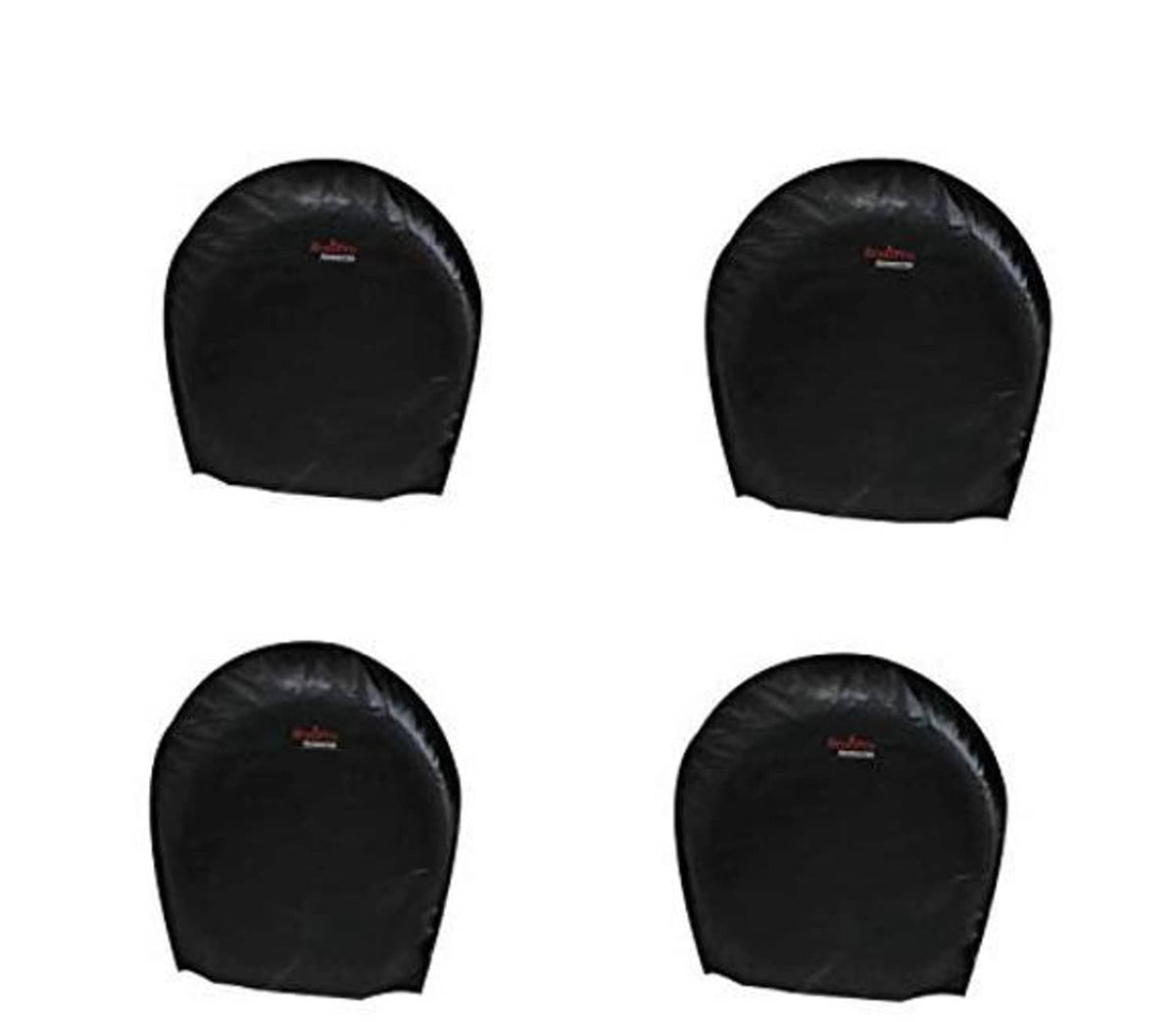 Set of 4 black half-round tire covers, four views with small red logo