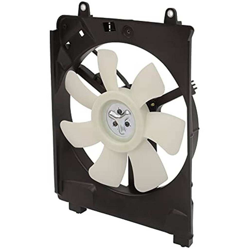 Radiator cooling fan assembly, black shroud with white blades and motor hub