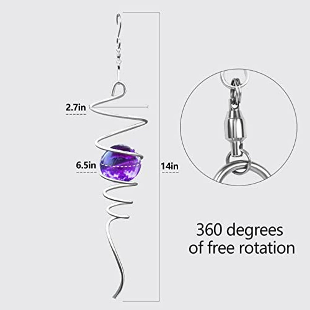 Silver spiral garden wind spinner with purple gazing ball on hanging chain