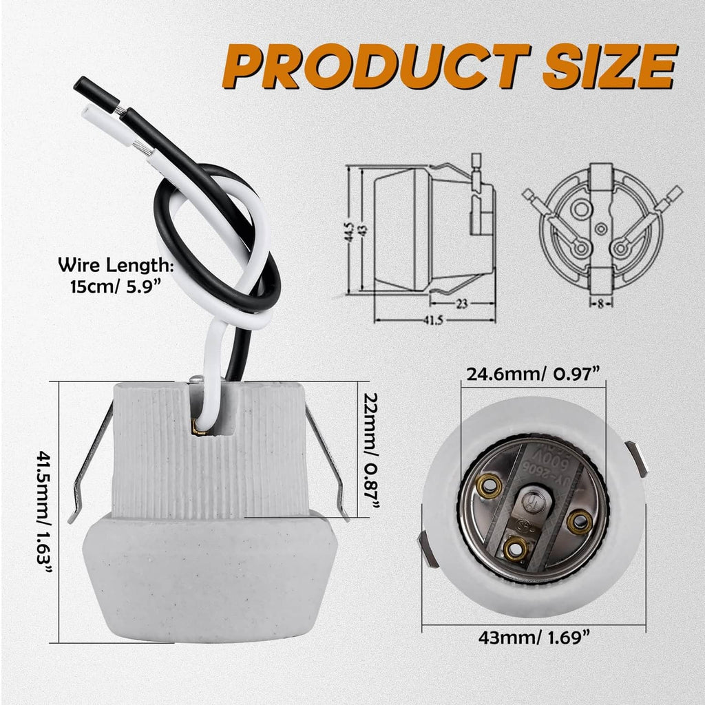 Grey E26 light socket with screw threads and attached black wiring loop