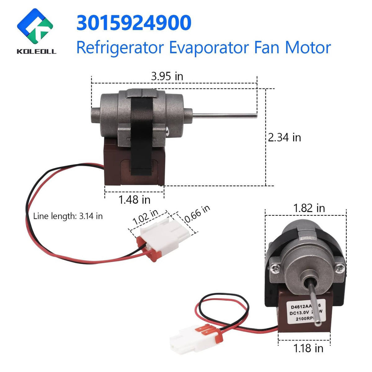 Refrigerator evaporator fan motor with gray metal shaft and brown mounting housing
