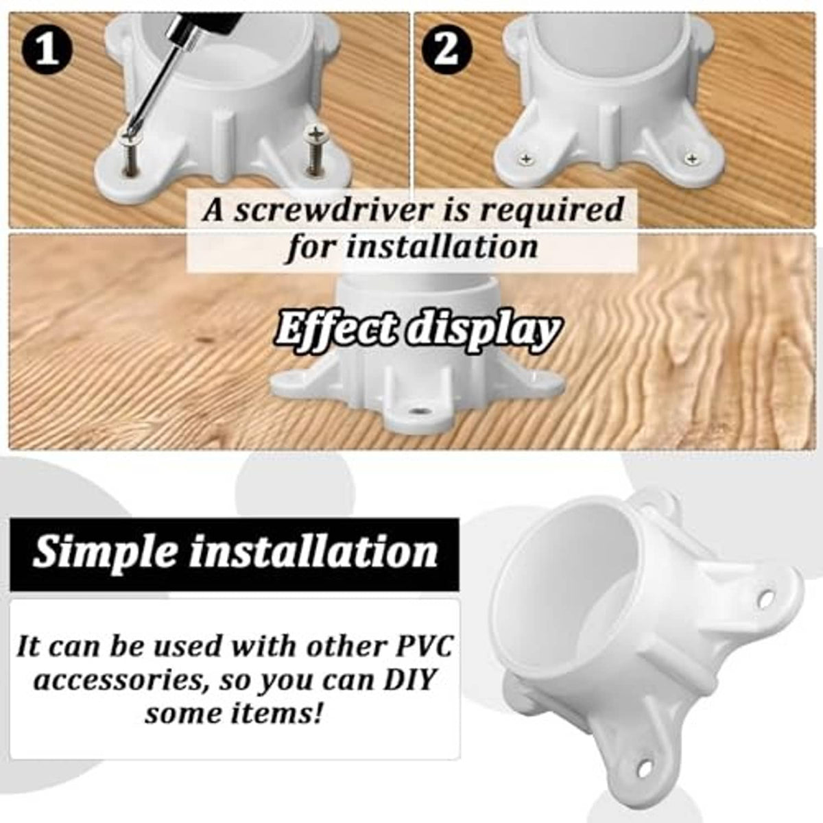 White PVC flange cap with three screw-mount legs, shown for tabletop installation