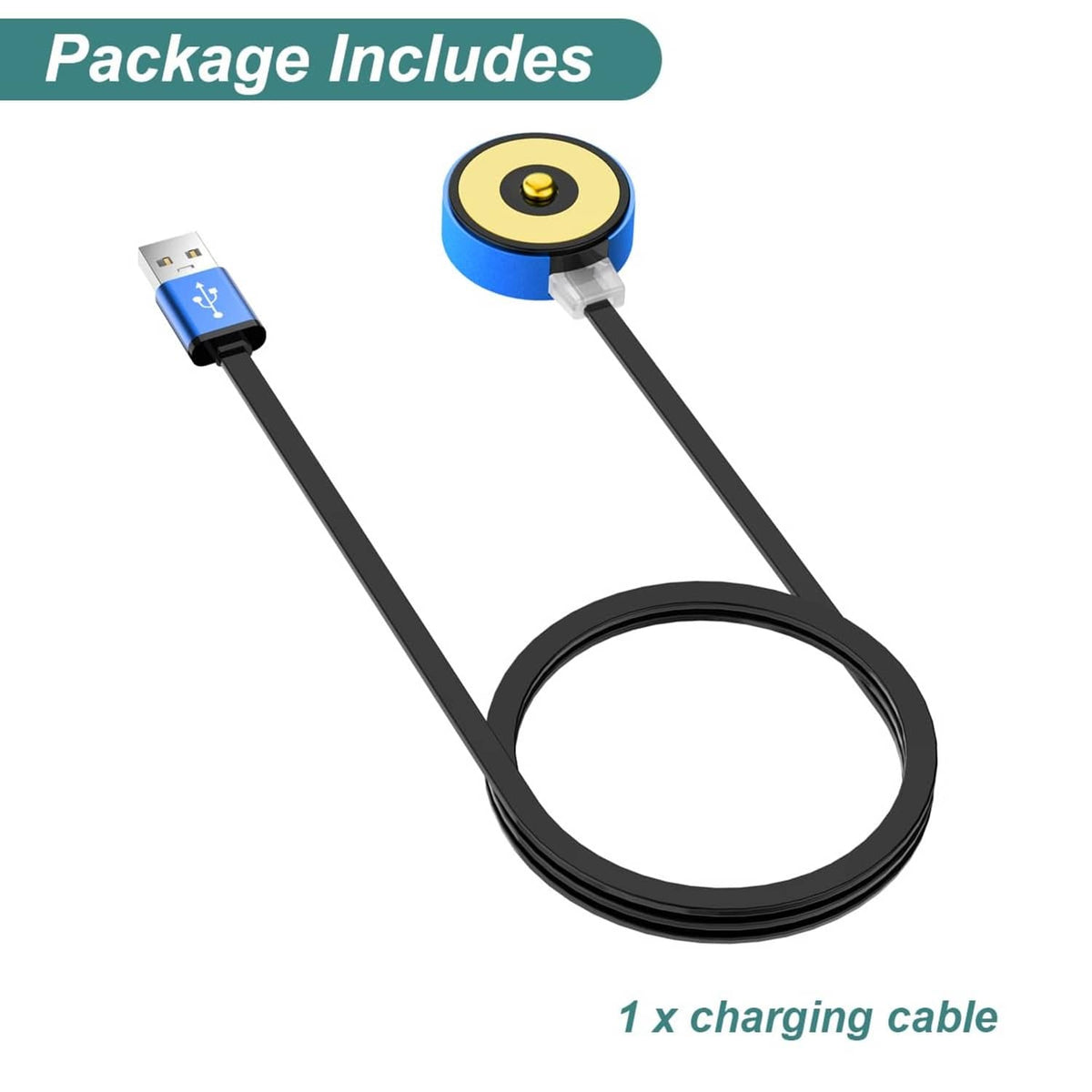 Charging cable set with black cord, blue magnetic connector, and USB-A plug