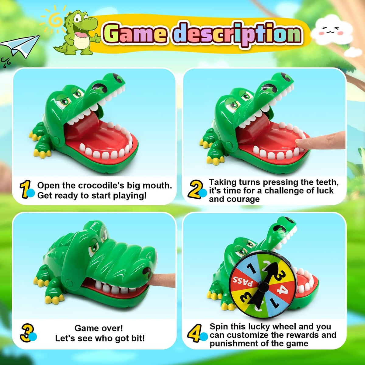 Green crocodile dental game toy with red mouth and colorful spinning wheel