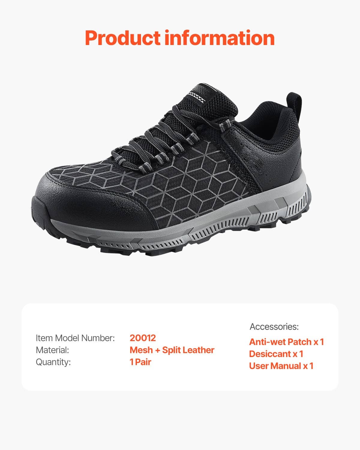 Black lace-up work sneaker with geometric upper pattern, padded collar, and gray outsole