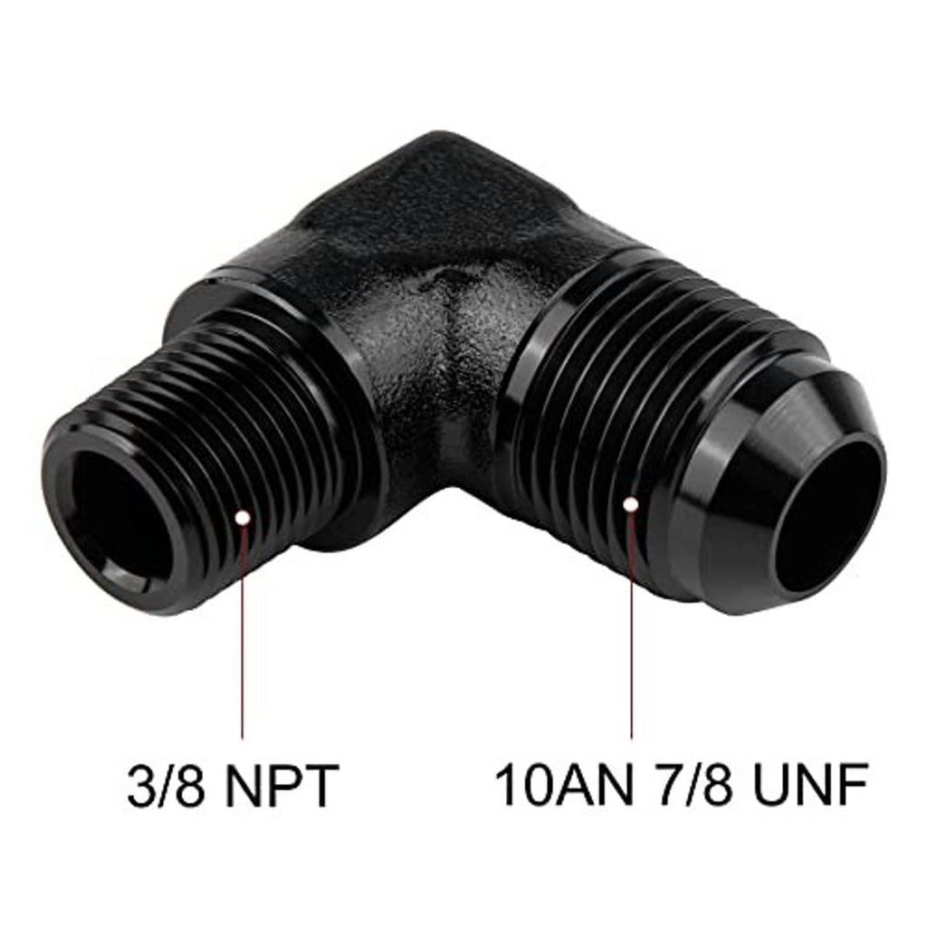 Black 90-degree elbow fitting adapter showing 3/8 NPT and 10AN threads