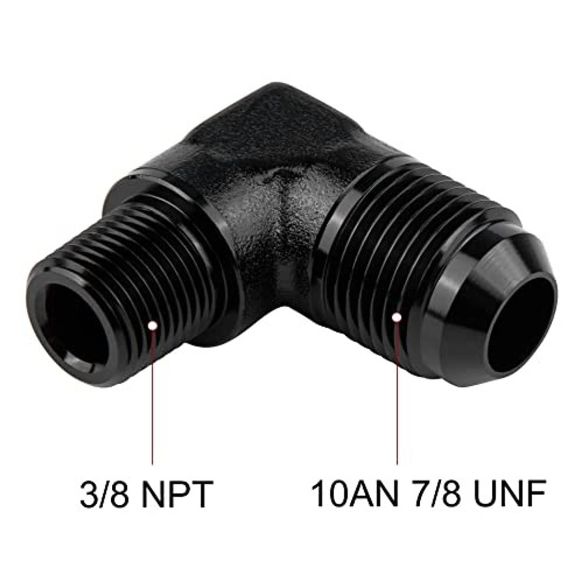 Black 90-degree elbow fitting adapter showing 3/8 NPT and 10AN threads