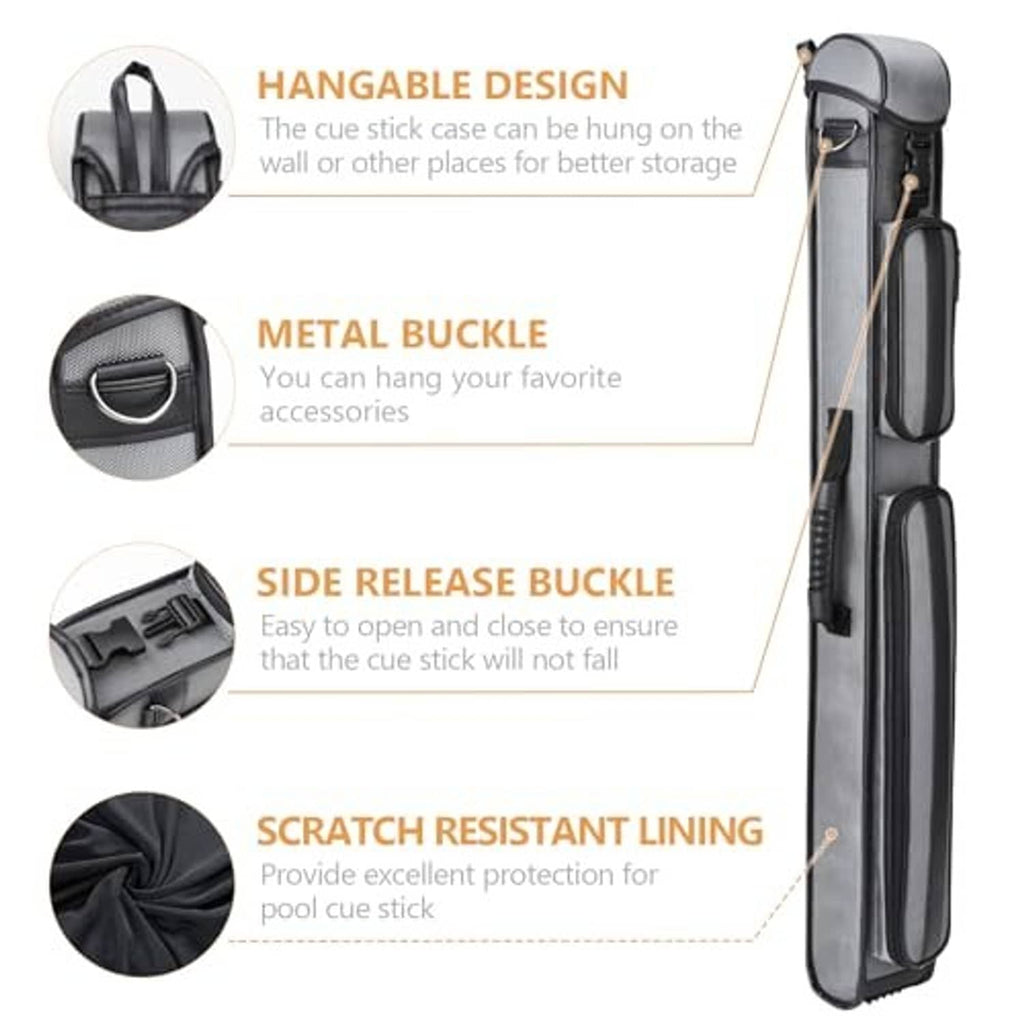 Hard pool cue case with metal buckles, hangable loop design, and scratch-resistant lining
