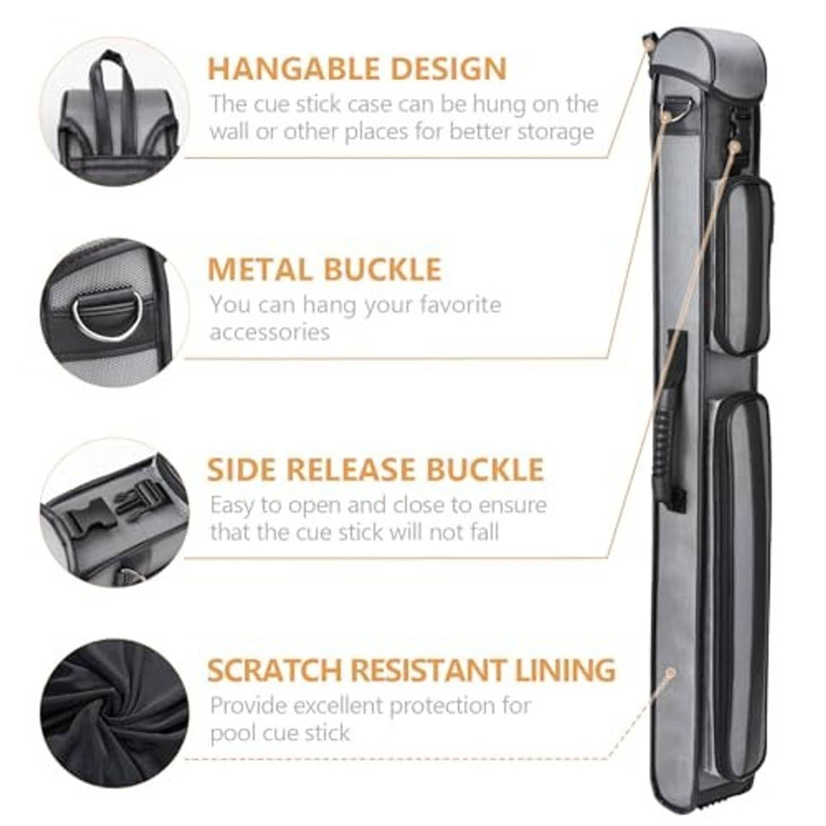 Hard pool cue case with metal buckles, hangable loop design, and scratch-resistant lining