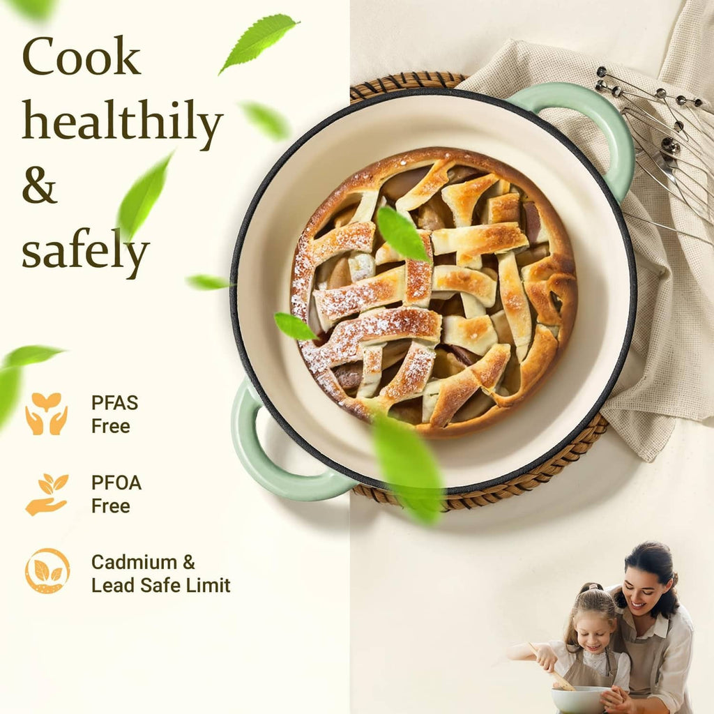 Verdant enameled Dutch oven filled with baked pasta, lid off
