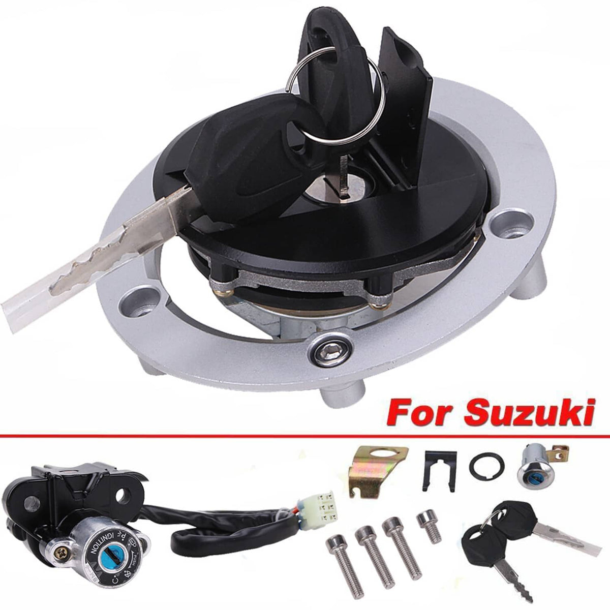 Fuel tank cap lock assembly with two keys inserted and circular mounting plate