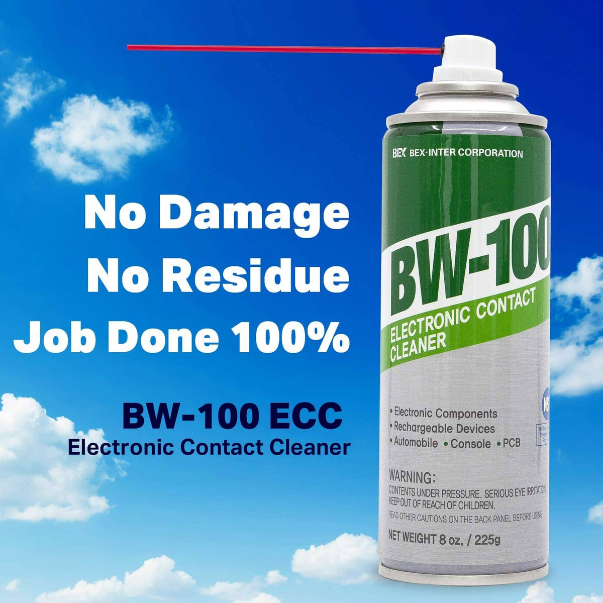 BW-100 electronic contact cleaner aerosol can labeled for no damage and no residue