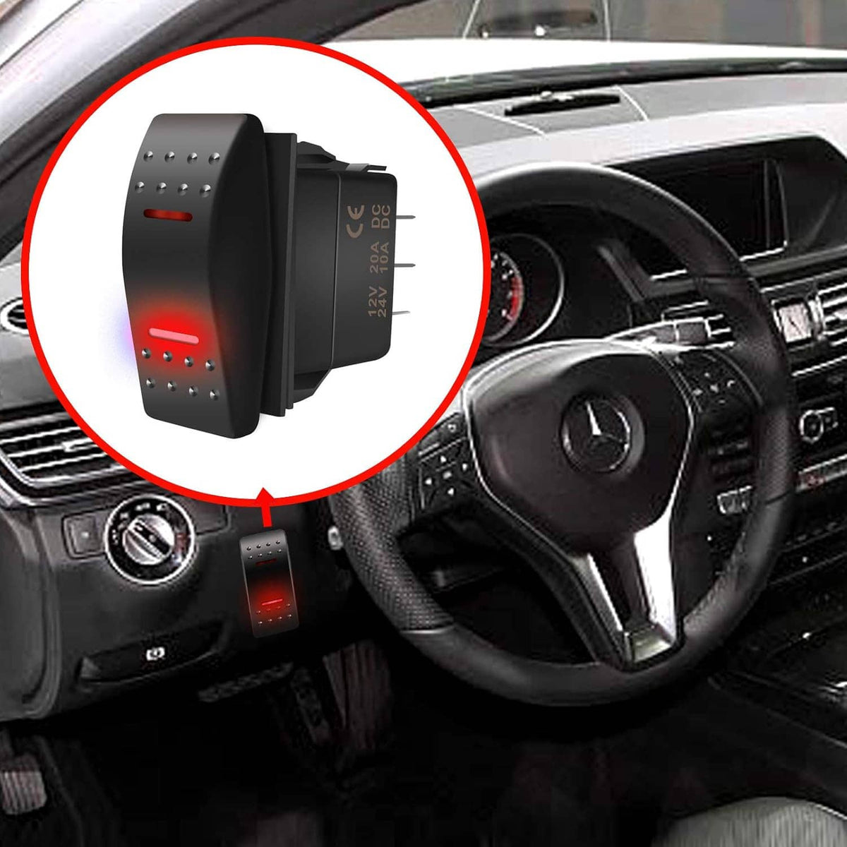 Rocker switch with red LED mounted on dashboard, black housing and toggle face