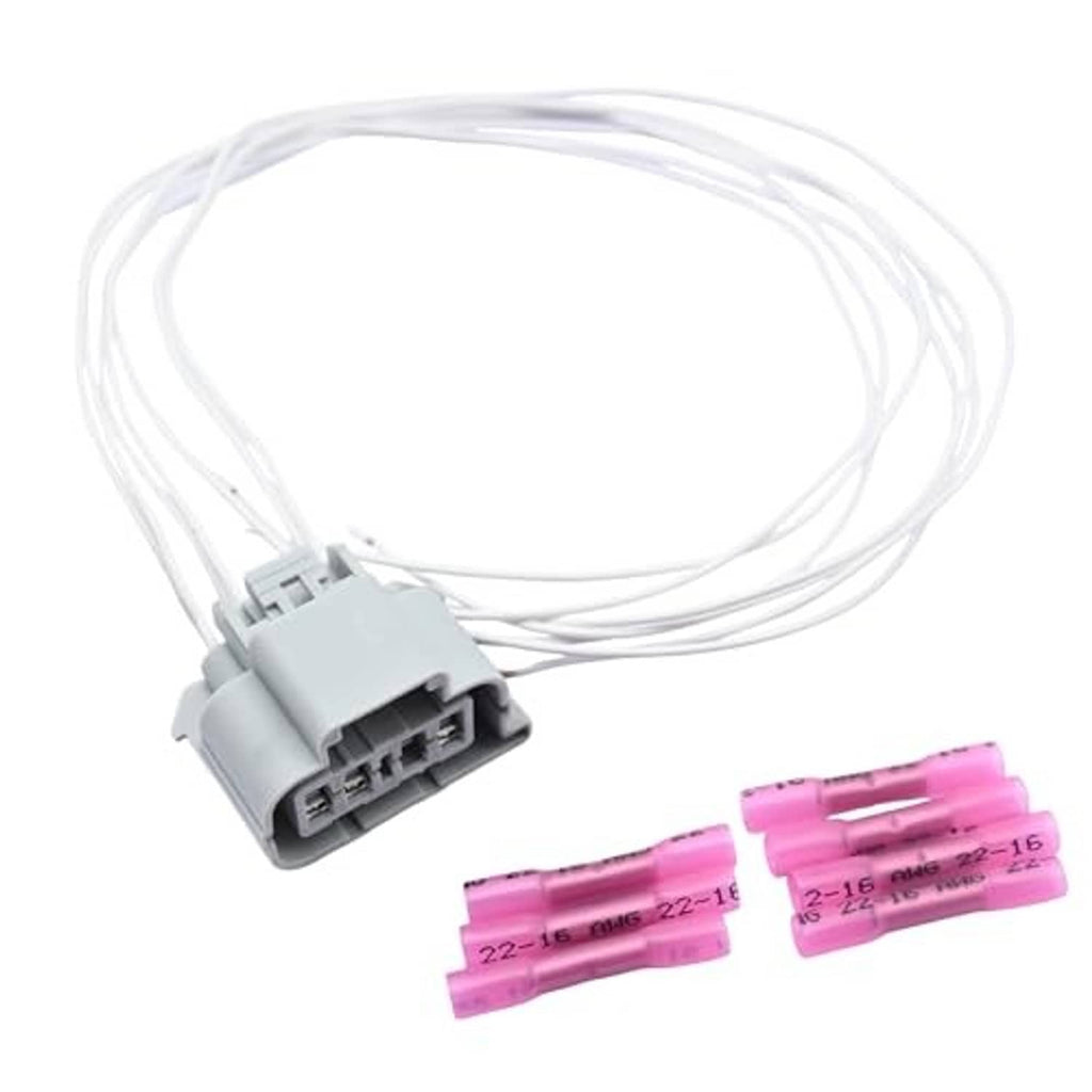 Headlight connector pigtail wiring harness with gray plug, white wires, and pink insulators