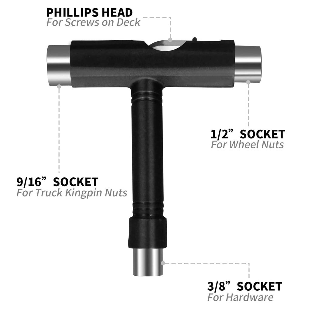 Black all-in-one T-tool with Phillips head, 1/2, 9/16, and 3/8 sockets