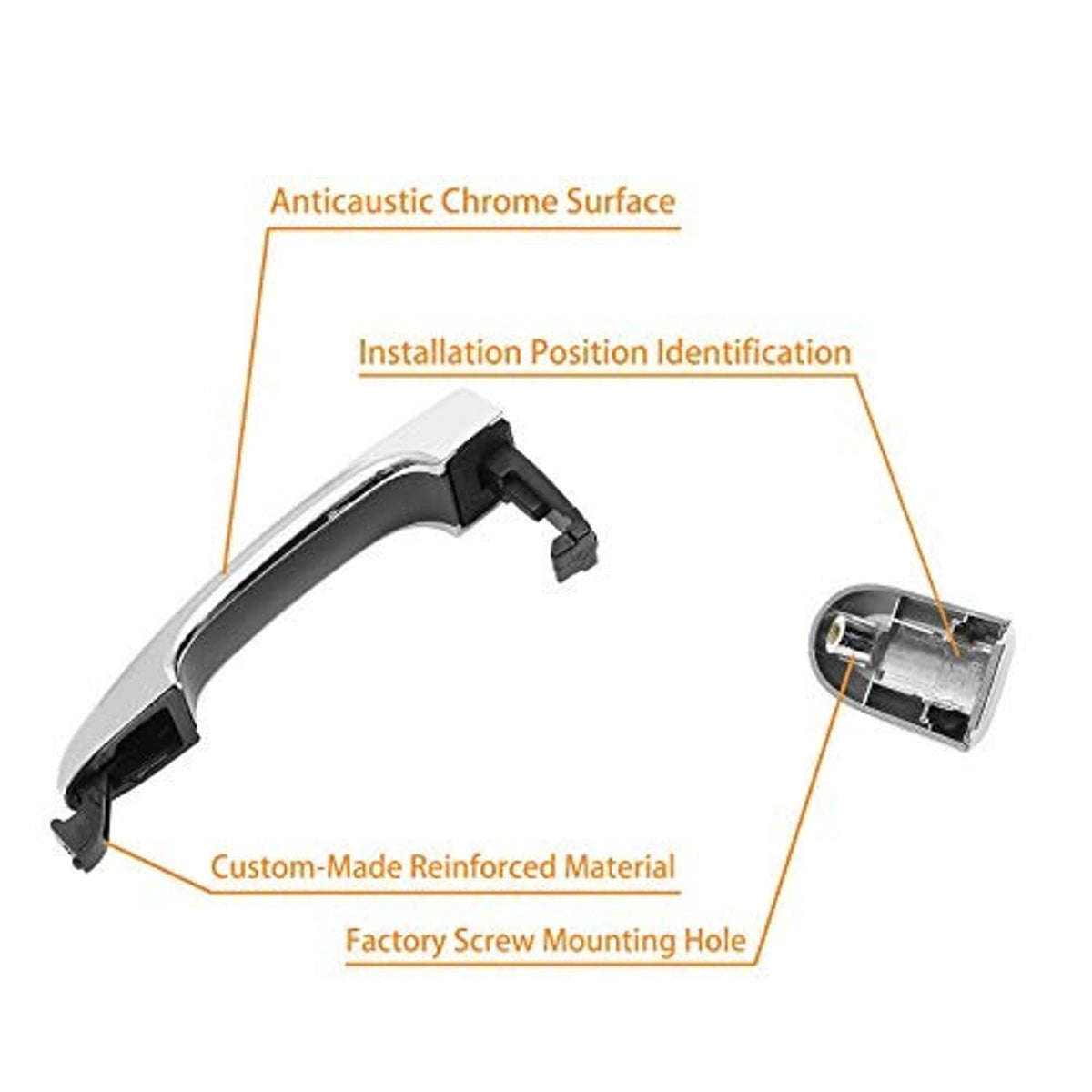 Chrome door handle with black underside and labeled installation area on underside
