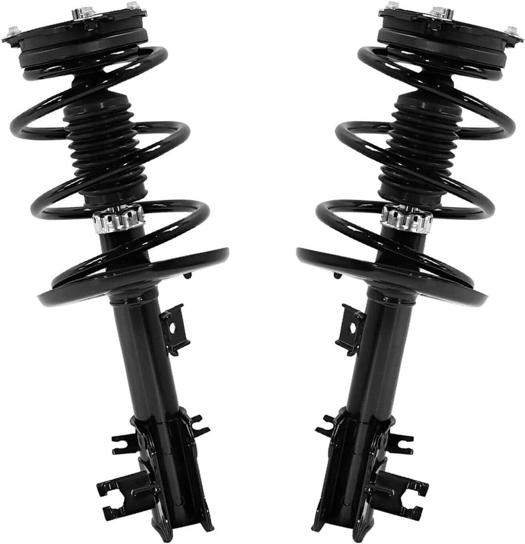 Black front strut and coil spring assemblies showing top hats and lower bracket mounts