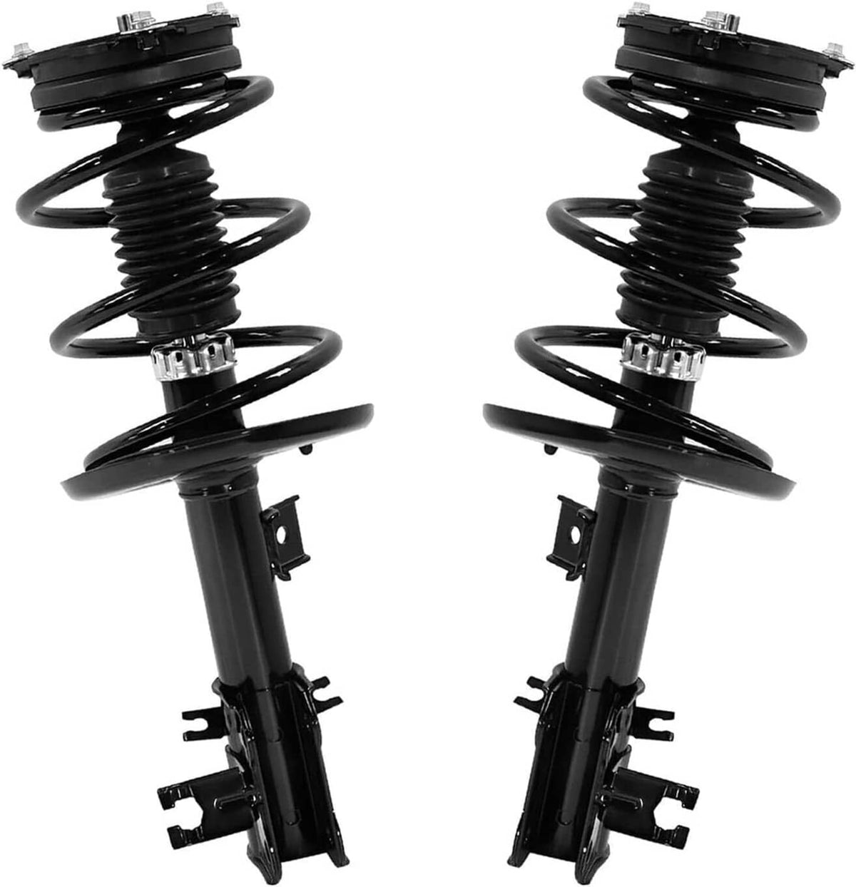 Black front strut and coil spring assemblies showing top hats and lower bracket mounts